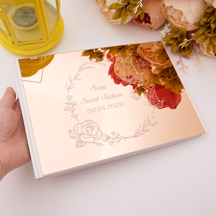 Personalized Guest Book - Gepersonaliseerd gastenboek met vlinderdesign, acryl, spiegel,