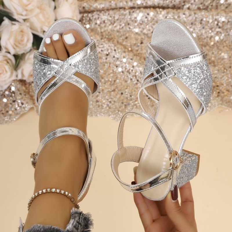 Wedding Fx - Vrouwen Blokhakken Sandalen Goud Sparkly Cross