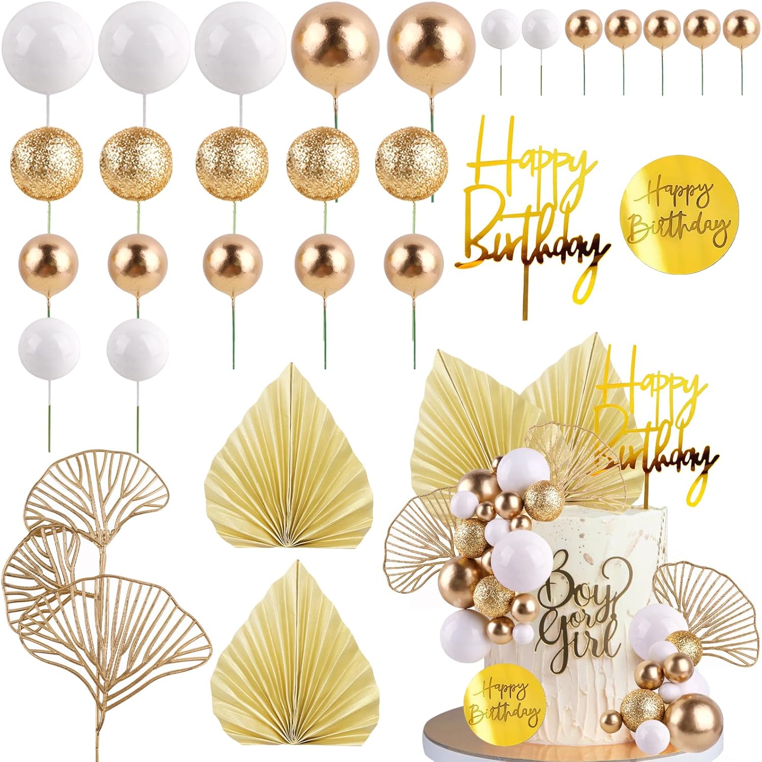 Confetti Balloon Set - Witgouden ballen taarttoppers met gouden palmbladeren